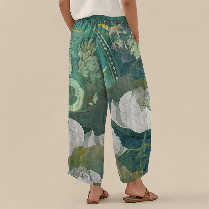 Buddha Stones Pantaloni harem da donna in cotone bianco con motivo a fiori di loto, plissettati e vita elasticizzata, con tasche. - image 2