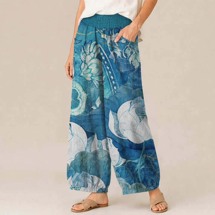 Buddha Stones Pantaloni harem da donna in cotone bianco con motivo a fiori di loto, plissettati e vita elasticizzata, con tasche. - image 7