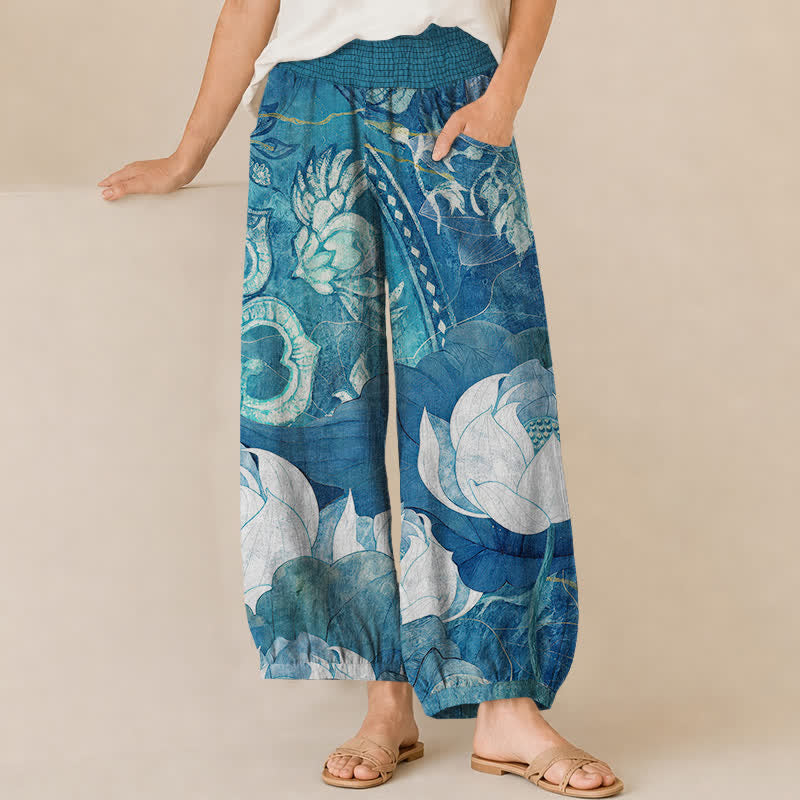Buddha Stones Pantaloni harem da donna in cotone bianco con motivo a fiori di loto, plissettati e vita elasticizzata, con tasche. - Turchese medio - US16, UK/AU20, EU48 (3XL) - image 6