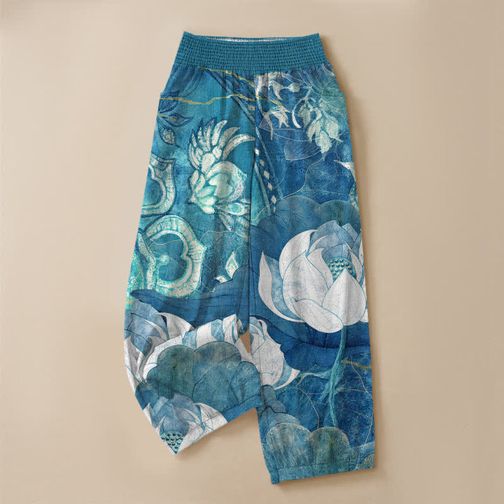 Buddha Stones Pantaloni harem da donna in cotone bianco con motivo a fiori di loto, plissettati e vita elasticizzata, con tasche. - image 9
