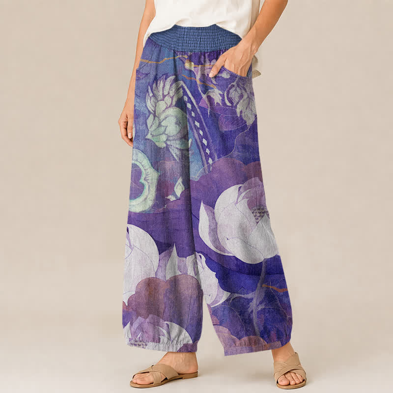 Buddha Stones Pantaloni harem da donna in cotone bianco con motivo a fiori di loto, plissettati e vita elasticizzata, con tasche. - image 11