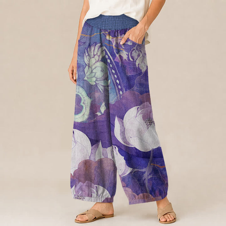 Buddha Stones Pantaloni harem da donna in cotone bianco con motivo a fiori di loto, plissettati e vita elasticizzata, con tasche. - image 11