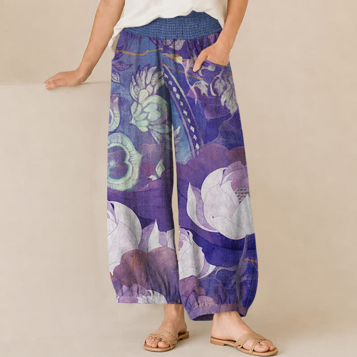 Buddha Stones Pantaloni harem da donna in cotone bianco con motivo a fiori di loto, plissettati e vita elasticizzata, con tasche. - BluViola - US16, UK/AU20, EU48 (3XL) - image 10
