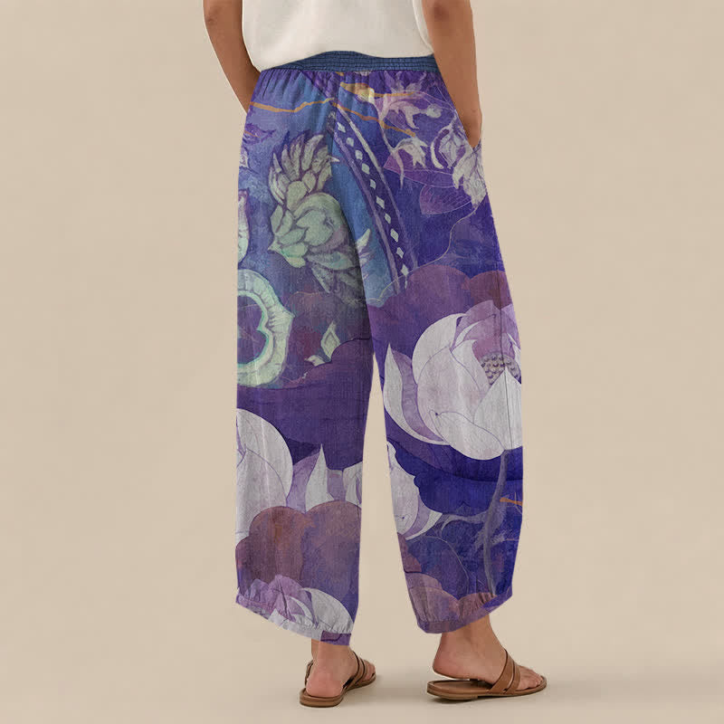 Buddha Stones Pantaloni harem da donna in cotone bianco con motivo a fiori di loto, plissettati e vita elasticizzata, con tasche. - image 12