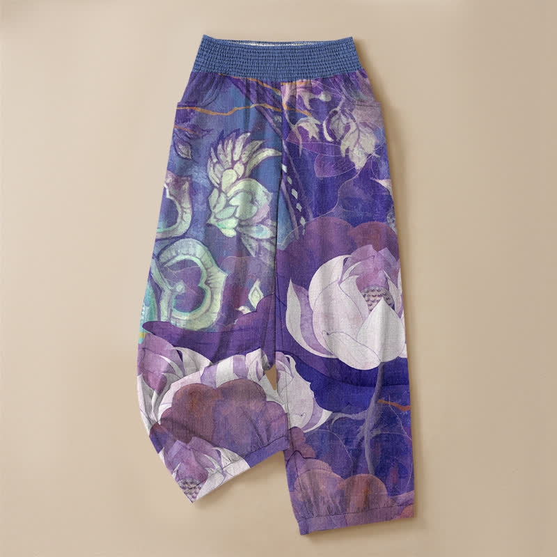 Buddha Stones Pantaloni harem da donna in cotone bianco con motivo a fiori di loto, plissettati e vita elasticizzata, con tasche. - image 13