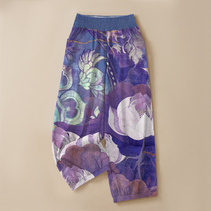 Buddha Stones Pantaloni harem da donna in cotone bianco con motivo a fiori di loto, plissettati e vita elasticizzata, con tasche. - image 13