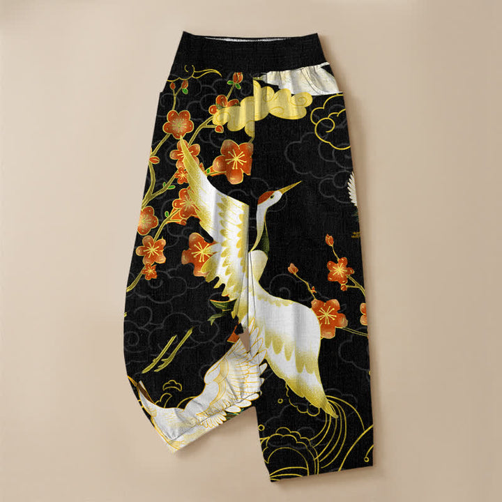 Buddha Stones Pantaloni harem da donna in cotone con motivo floreale orientale a gru, plissettati e vita elasticizzata, con tasche. - image 3