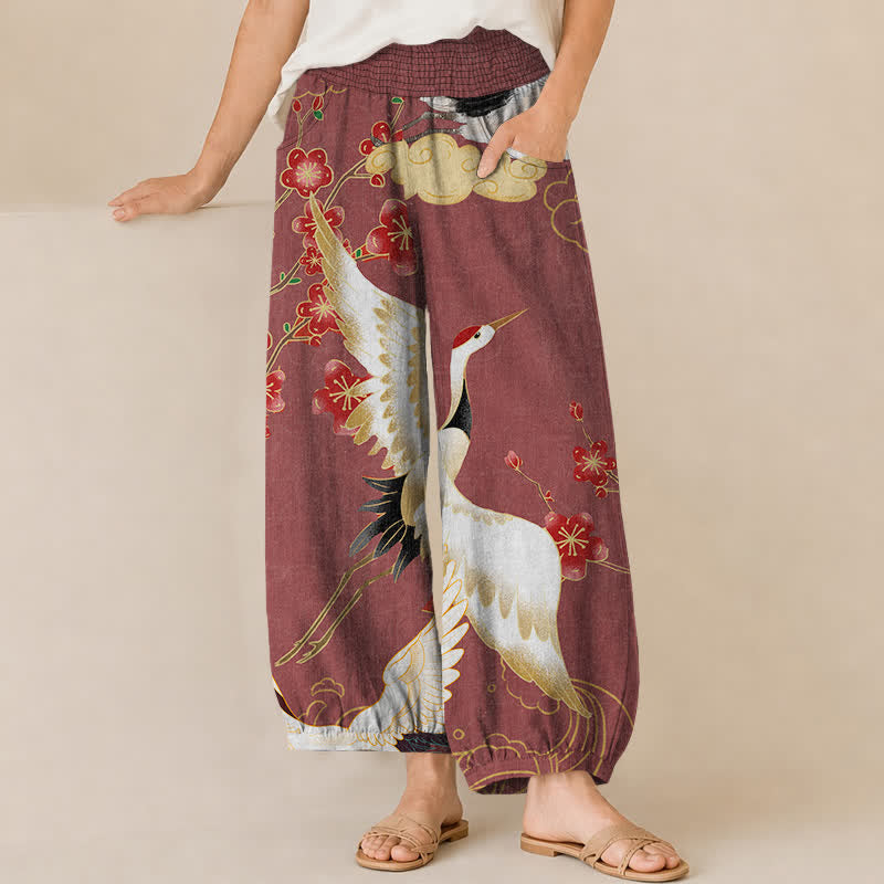 Buddha Stones Pantaloni harem da donna in cotone con motivo floreale orientale a gru, plissettati e vita elasticizzata, con tasche. - Rosso Indiano - US16, UK/AU20, EU48 (3XL) - image 6
