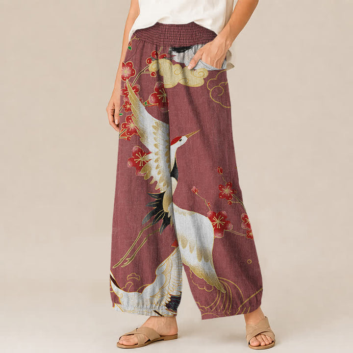 Buddha Stones Pantaloni harem da donna in cotone con motivo floreale orientale a gru, plissettati e vita elasticizzata, con tasche. - image 7