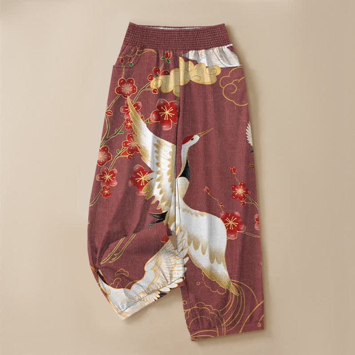 Buddha Stones Pantaloni harem da donna in cotone con motivo floreale orientale a gru, plissettati e vita elasticizzata, con tasche. - image 9