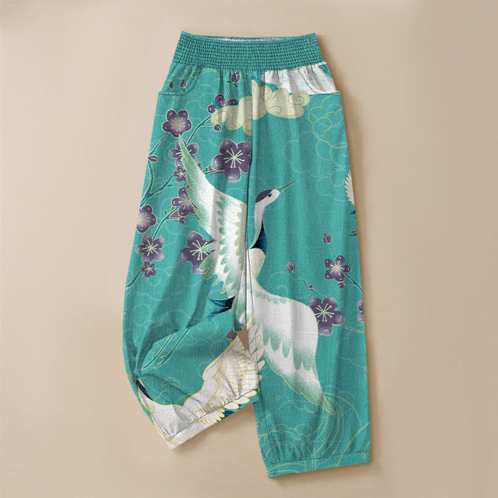 Buddha Stones Pantaloni harem da donna in cotone con motivo floreale orientale a gru, plissettati e vita elasticizzata, con tasche. - image 13