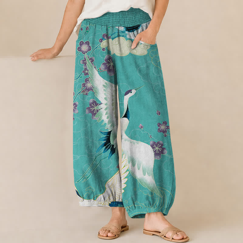 Buddha Stones Pantaloni harem da donna in cotone con motivo floreale orientale a gru, plissettati e vita elasticizzata, con tasche. - Turchese - US16, UK/AU20, EU48 (3XL) - image 10