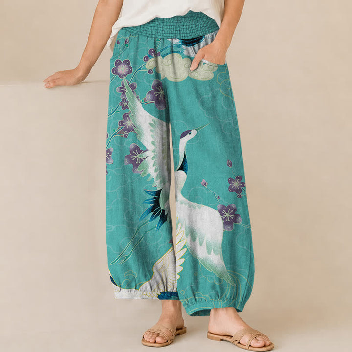 Buddha Stones Pantaloni harem da donna in cotone con motivo floreale orientale a gru, plissettati e vita elasticizzata, con tasche. - Turchese - US16, UK/AU20, EU48 (3XL) - image 10
