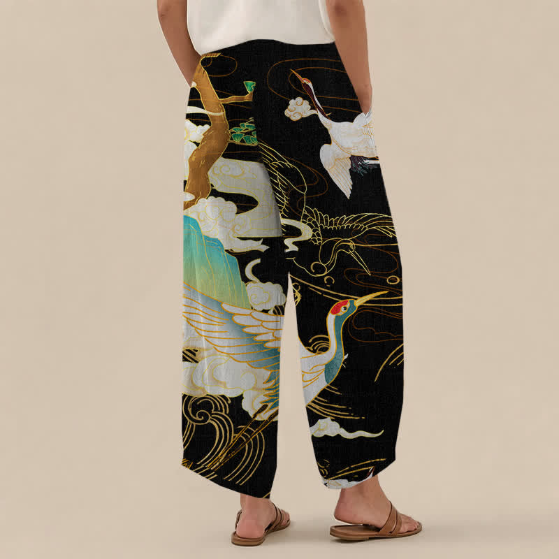 Buddha Stones Pantaloni harem da donna in cotone con motivo a gru volanti orientali e nuvole, plissettati e vita elasticizzata, con tasche. - image 2