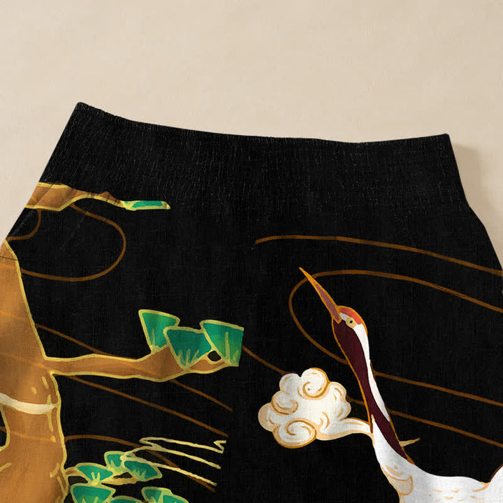Buddha Stones Pantaloni harem da donna in cotone con motivo a gru volanti orientali e nuvole, plissettati e vita elasticizzata, con tasche. - image 4