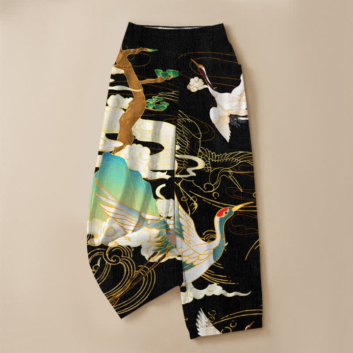Buddha Stones Pantaloni harem da donna in cotone con motivo a gru volanti orientali e nuvole, plissettati e vita elasticizzata, con tasche. - image 3