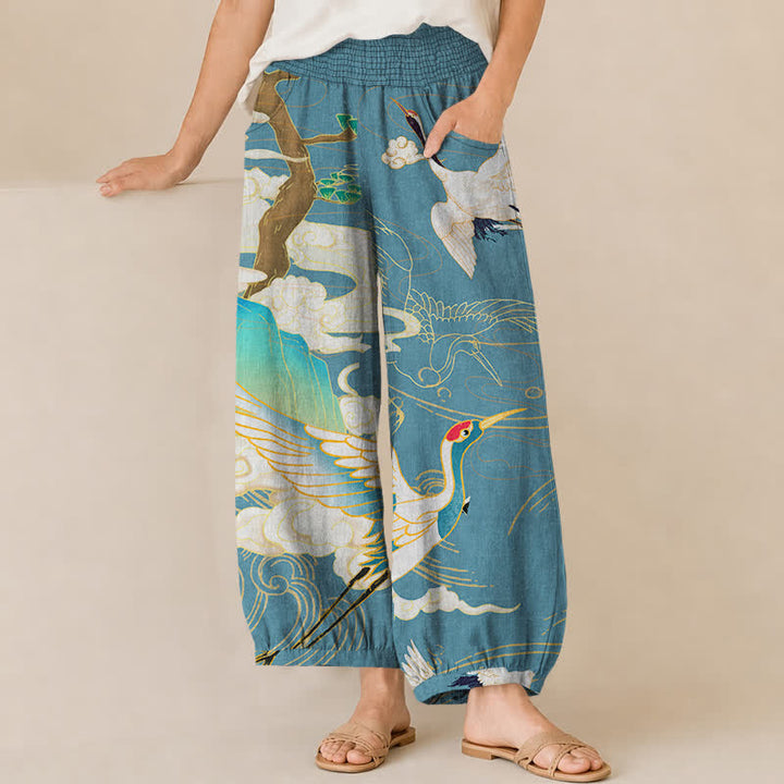 Buddha Stones Pantaloni harem da donna in cotone con motivo a gru volanti orientali e nuvole, plissettati e vita elasticizzata, con tasche. - Turchese medio - US16, UK/AU20, EU48 (3XL) - image 6