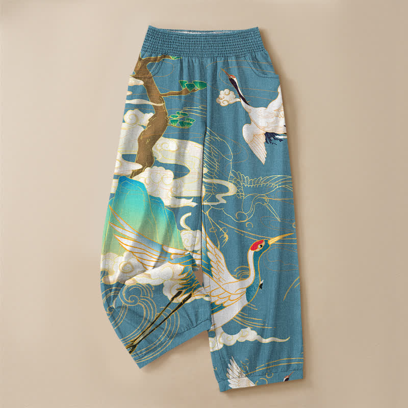 Buddha Stones Pantaloni harem da donna in cotone con motivo a gru volanti orientali e nuvole, plissettati e vita elasticizzata, con tasche. - image 9