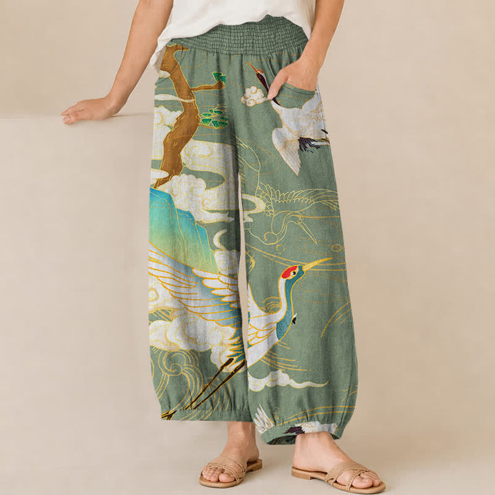 Buddha Stones Pantaloni harem da donna in cotone con motivo a gru volanti orientali e nuvole, plissettati e vita elasticizzata, con tasche. - Verde Mare Scuro - US16, UK/AU20, EU48 (3XL) - image 10