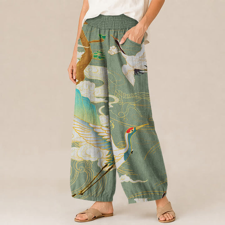Buddha Stones Pantaloni harem da donna in cotone con motivo a gru volanti orientali e nuvole, plissettati e vita elasticizzata, con tasche. - image 11