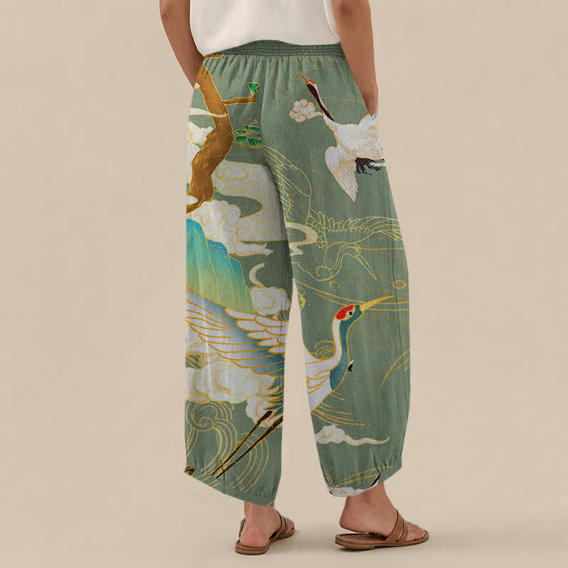 Buddha Stones Pantaloni harem da donna in cotone con motivo a gru volanti orientali e nuvole, plissettati e vita elasticizzata, con tasche. - image 12