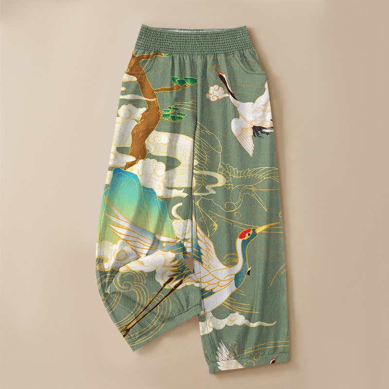 Buddha Stones Pantaloni harem da donna in cotone con motivo a gru volanti orientali e nuvole, plissettati e vita elasticizzata, con tasche. - image 13