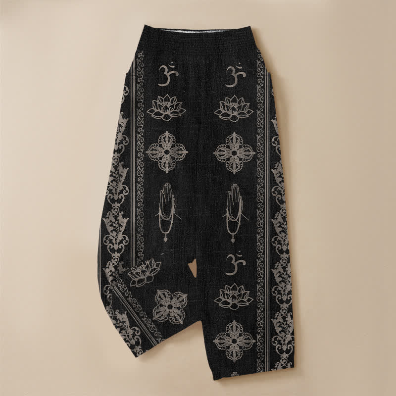 Buddha Stones Pantaloni harem da donna in cotone con pieghe e vita elasticizzata, motivo a doppio Dorje Vajra Namaste Om, con tasche. - image 3
