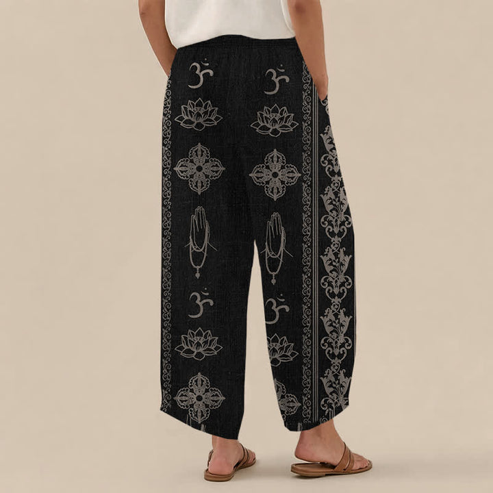 Buddha Stones Pantaloni harem da donna in cotone con pieghe e vita elasticizzata, motivo a doppio Dorje Vajra Namaste Om, con tasche. - image 2