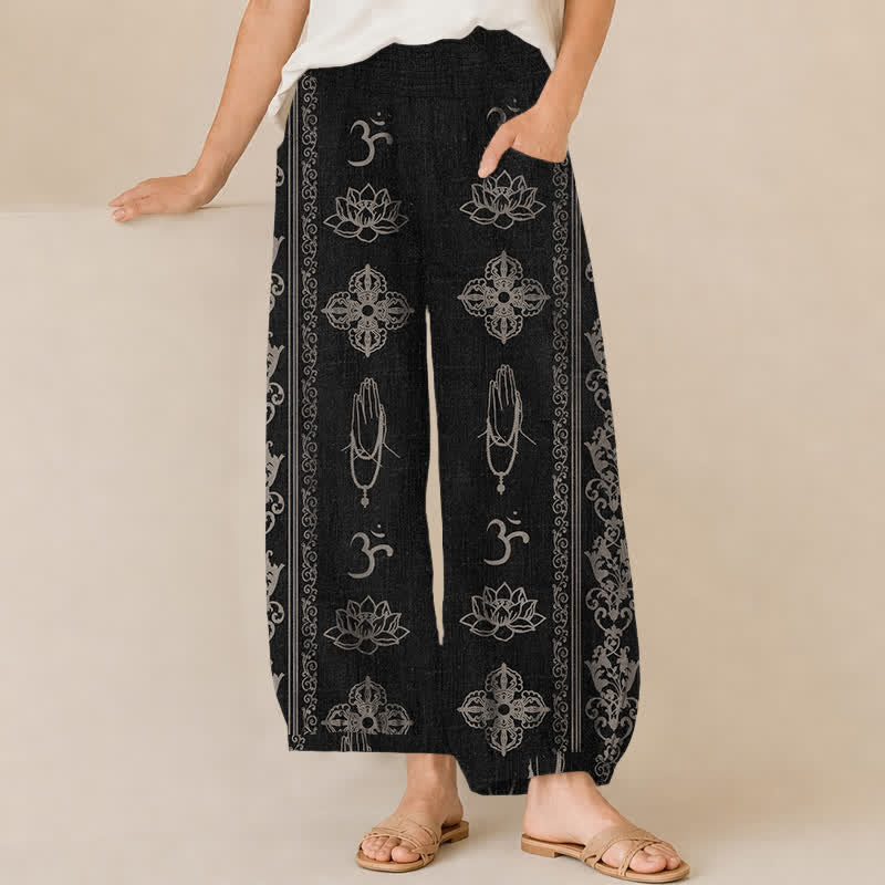 Buddha Stones Pantaloni harem da donna in cotone con pieghe e vita elasticizzata, motivo a doppio Dorje Vajra Namaste Om, con tasche. - Nero - US16, UK/AU20, EU48 (3XL) - image 0