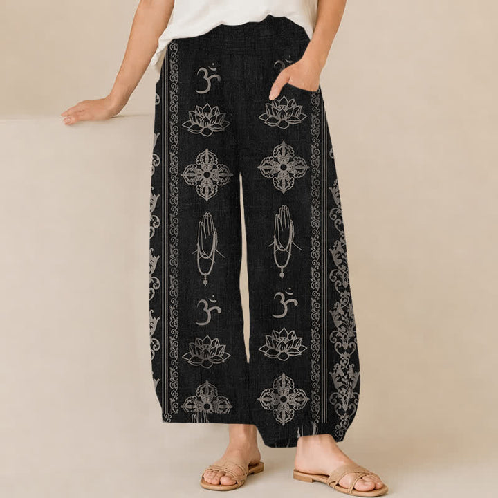Buddha Stones Pantaloni harem da donna in cotone con pieghe e vita elasticizzata, motivo a doppio Dorje Vajra Namaste Om, con tasche. - Nero - US16, UK/AU20, EU48 (3XL) - image 0