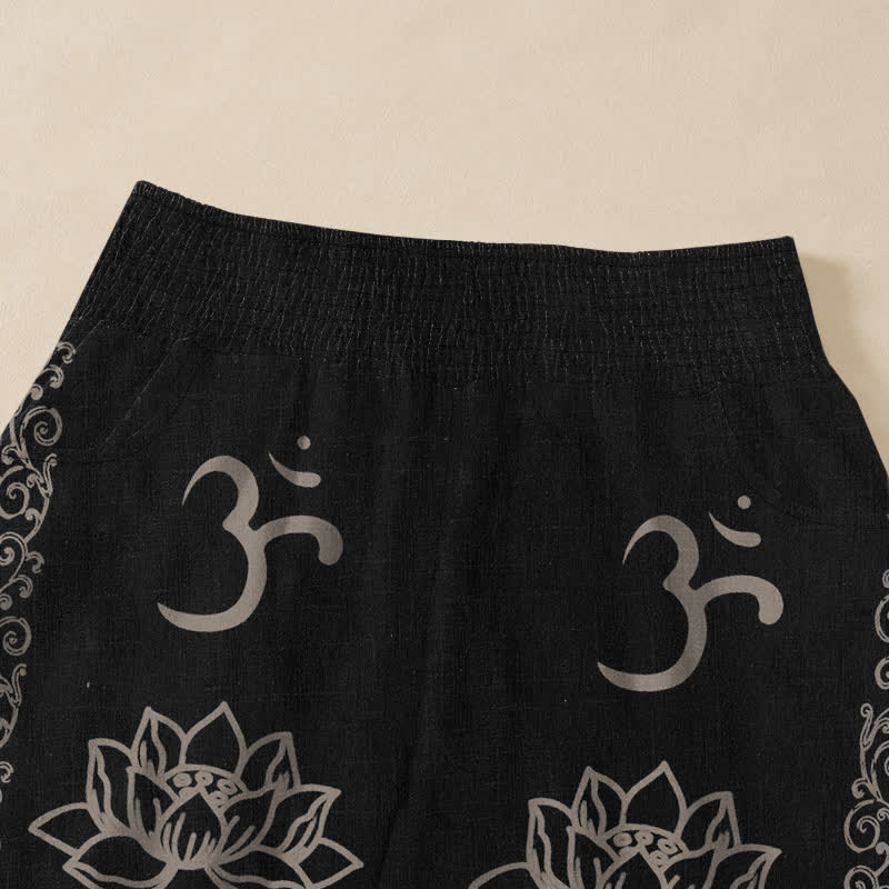 Buddha Stones Pantaloni harem da donna in cotone con pieghe e vita elasticizzata, motivo a doppio Dorje Vajra Namaste Om, con tasche. - image 4