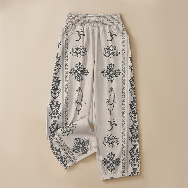 Buddha Stones Pantaloni harem da donna in cotone con pieghe e vita elasticizzata, motivo a doppio Dorje Vajra Namaste Om, con tasche. - image 9