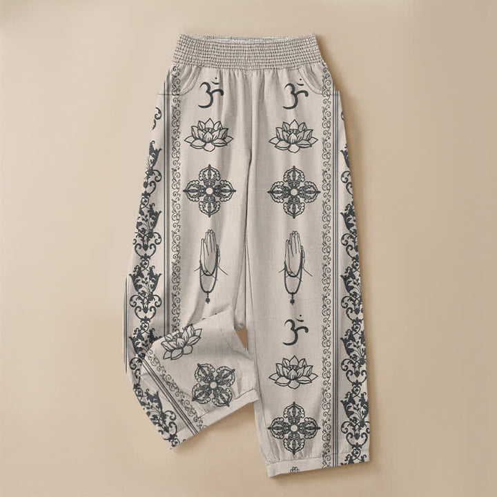 Buddha Stones Pantaloni harem da donna in cotone con pieghe e vita elasticizzata, motivo a doppio Dorje Vajra Namaste Om, con tasche. - image 9