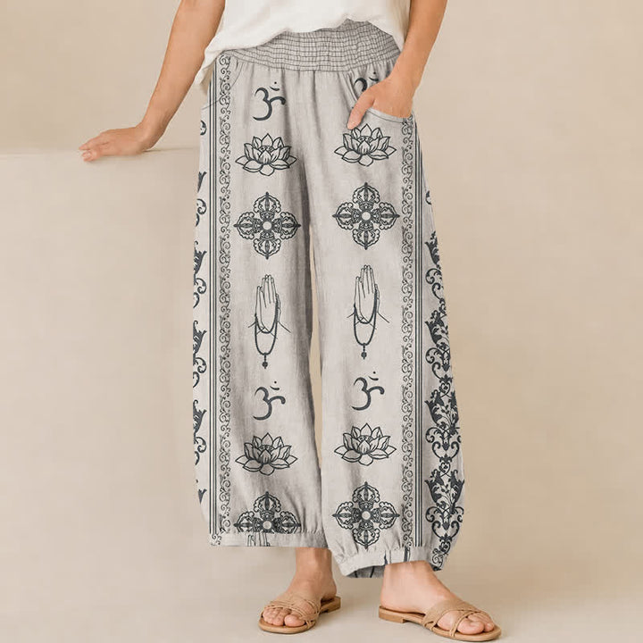 Buddha Stones Pantaloni harem da donna in cotone con pieghe e vita elasticizzata, motivo a doppio Dorje Vajra Namaste Om, con tasche. - Biancheria - US16, UK/AU20, EU48 (3XL) - image 6