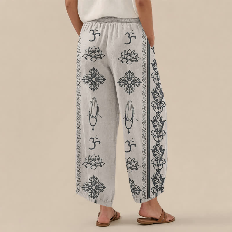 Buddha Stones Pantaloni harem da donna in cotone con pieghe e vita elasticizzata, motivo a doppio Dorje Vajra Namaste Om, con tasche. - image 8