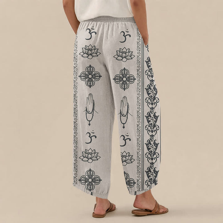 Buddha Stones Pantaloni harem da donna in cotone con pieghe e vita elasticizzata, motivo a doppio Dorje Vajra Namaste Om, con tasche. - image 8