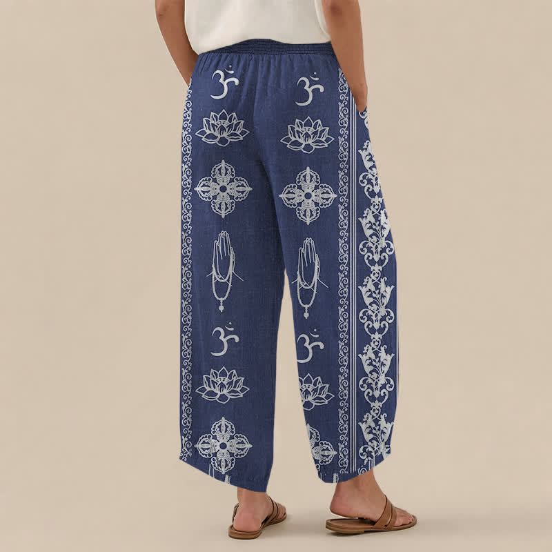 Buddha Stones Pantaloni harem da donna in cotone con pieghe e vita elasticizzata, motivo a doppio Dorje Vajra Namaste Om, con tasche. - image 12