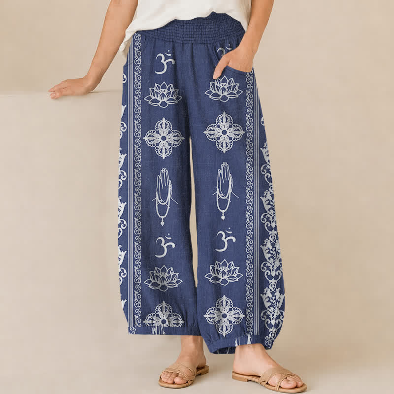 Buddha Stones Pantaloni harem da donna in cotone con pieghe e vita elasticizzata, motivo a doppio Dorje Vajra Namaste Om, con tasche. - Blu fiordaliso - US16, UK/AU20, EU48 (3XL) - image 10