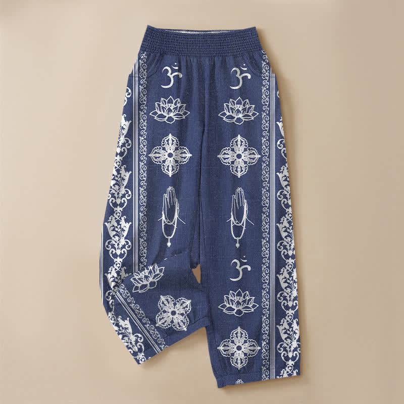 Buddha Stones Pantaloni harem da donna in cotone con pieghe e vita elasticizzata, motivo a doppio Dorje Vajra Namaste Om, con tasche. - image 13
