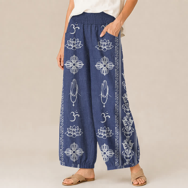 Buddha Stones Pantaloni harem da donna in cotone con pieghe e vita elasticizzata, motivo a doppio Dorje Vajra Namaste Om, con tasche. - image 11