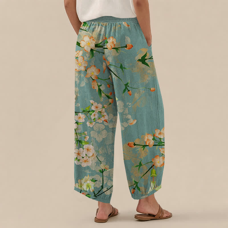 Buddha Stones Pantaloni harem da donna in cotone con motivo a fiori di ciliegio, plissettati e vita elasticizzata, con tasche. - image 2