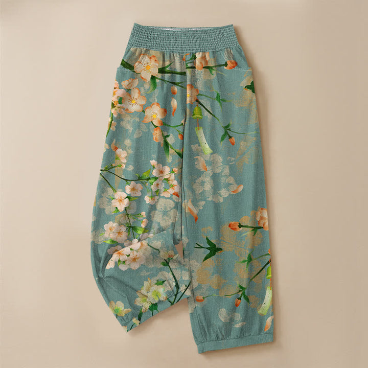Buddha Stones Pantaloni harem da donna in cotone con motivo a fiori di ciliegio, plissettati e vita elasticizzata, con tasche. - image 3