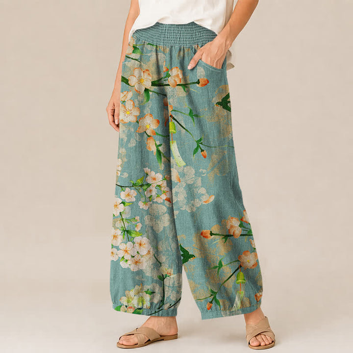 Buddha Stones Pantaloni harem da donna in cotone con motivo a fiori di ciliegio, plissettati e vita elasticizzata, con tasche. - image 1