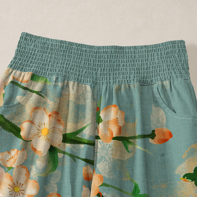 Buddha Stones Pantaloni harem da donna in cotone con motivo a fiori di ciliegio, plissettati e vita elasticizzata, con tasche. - image 4