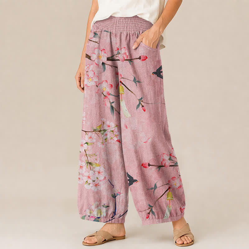 Buddha Stones Pantaloni harem da donna in cotone con motivo a fiori di ciliegio, plissettati e vita elasticizzata, con tasche. - image 7