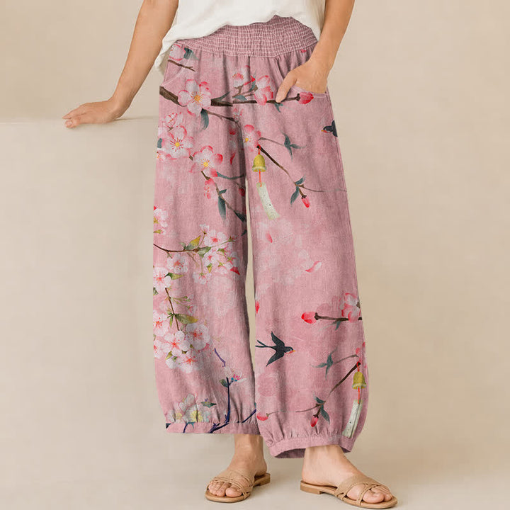 Buddha Stones Pantaloni harem da donna in cotone con motivo a fiori di ciliegio, plissettati e vita elasticizzata, con tasche. - Rosa chiaro - US16, UK/AU20, EU48 (3XL) - image 6