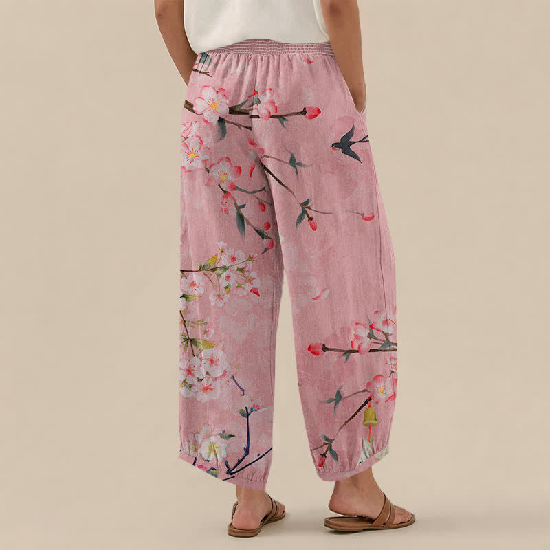 Buddha Stones Pantaloni harem da donna in cotone con motivo a fiori di ciliegio, plissettati e vita elasticizzata, con tasche. - image 8