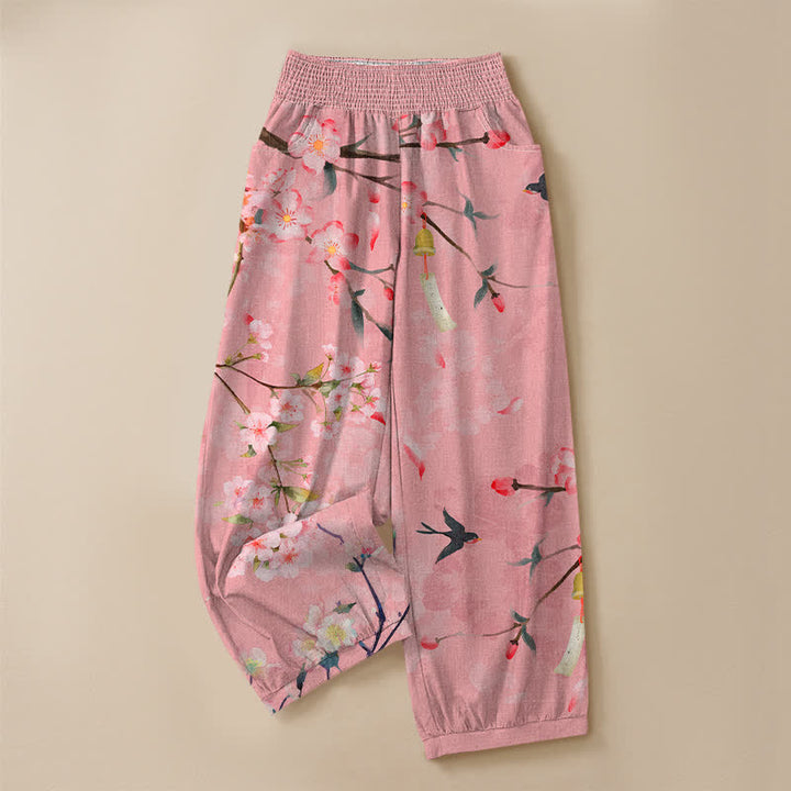 Buddha Stones Pantaloni harem da donna in cotone con motivo a fiori di ciliegio, plissettati e vita elasticizzata, con tasche. - image 9