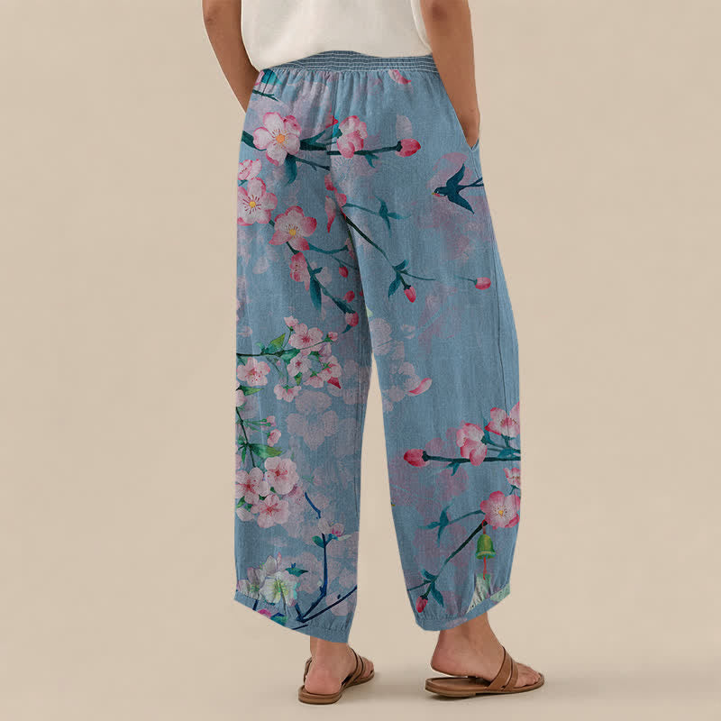 Buddha Stones Pantaloni harem da donna in cotone con motivo a fiori di ciliegio, plissettati e vita elasticizzata, con tasche. - image 12