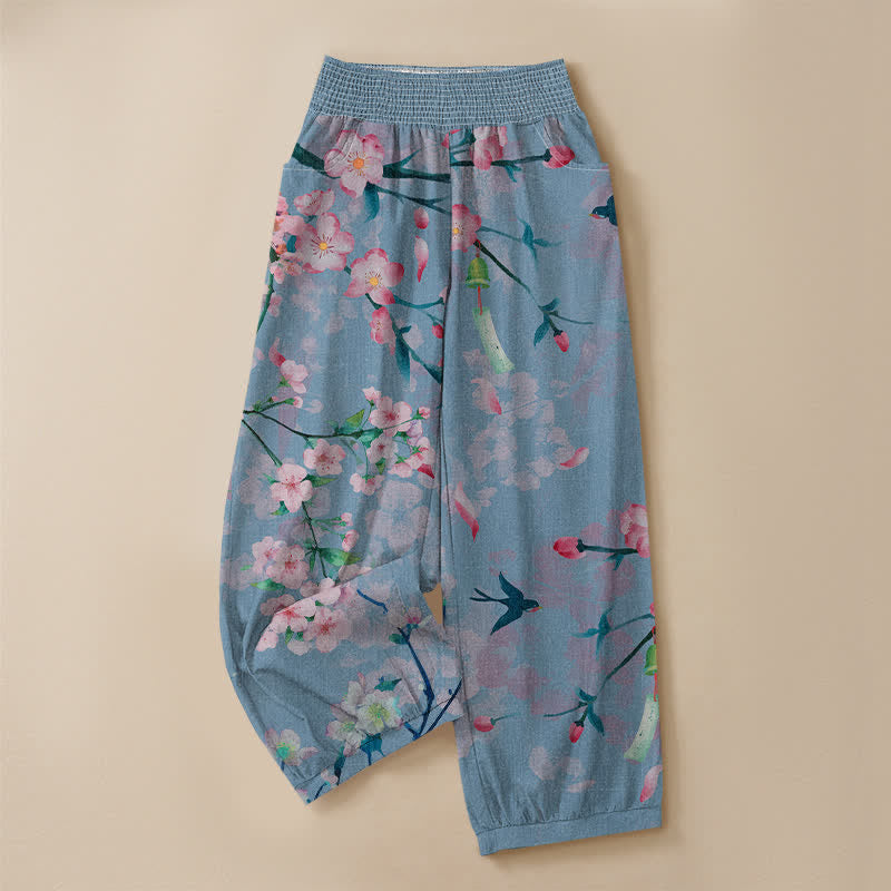 Buddha Stones Pantaloni harem da donna in cotone con motivo a fiori di ciliegio, plissettati e vita elasticizzata, con tasche. - image 13